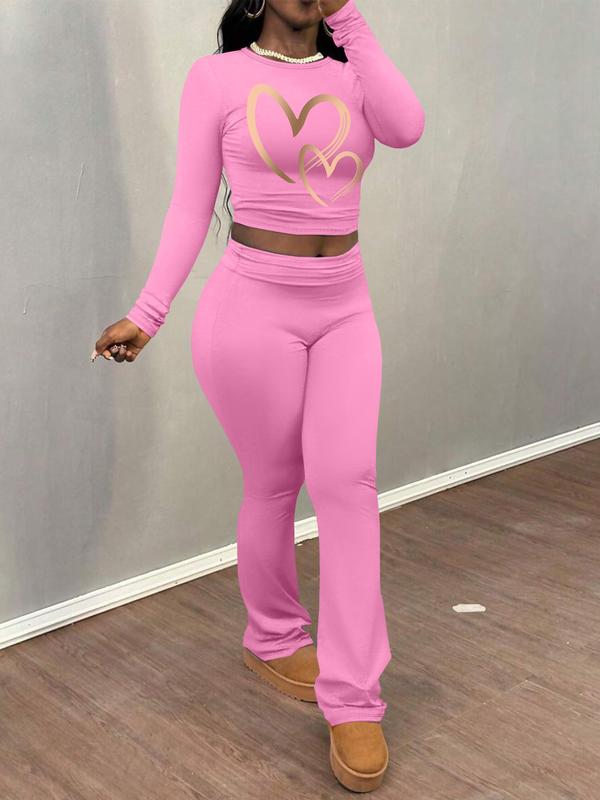 Women's Heart Print Long Sleeve Crop Tee & Flare Leg Pants Two-piece Set, Casual Fashion Round Neck Top & Bell Bottom Trousers for Daily Outdoor Wear, Women's Clothing for Fall & Winter 8
