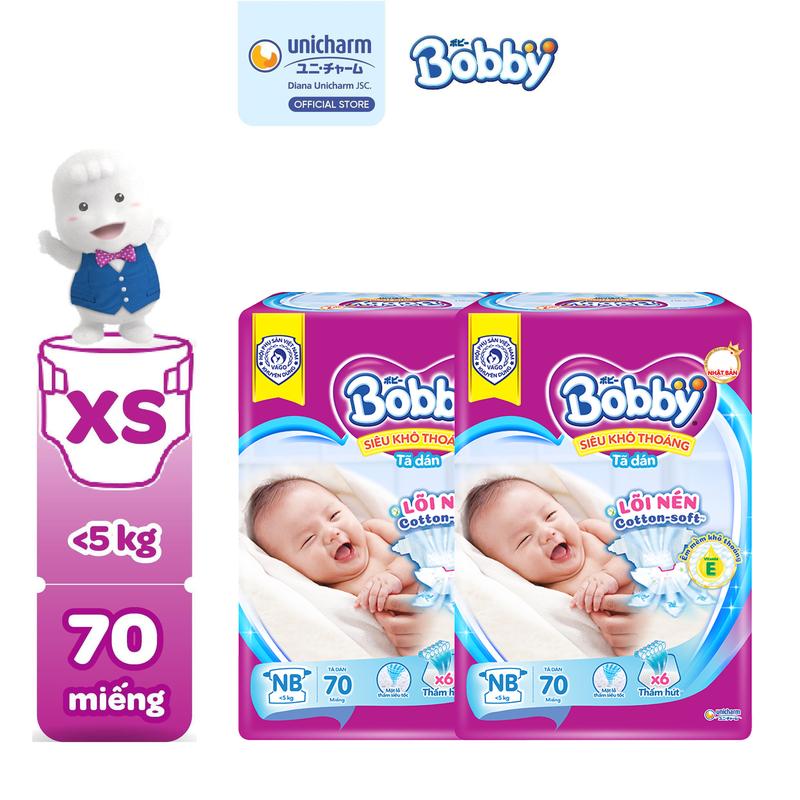 [COMBO 2] Bobby Tã/bỉm dán XS70 Siêu khô thoáng lõi nén cotton soft cho bé sơ sinh