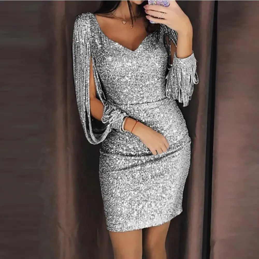 Silver Sequin Skinny Dress Women Tassel Sleeves V Neck Club Mini Dress Elegant  Party Vestido Formal Womenswear