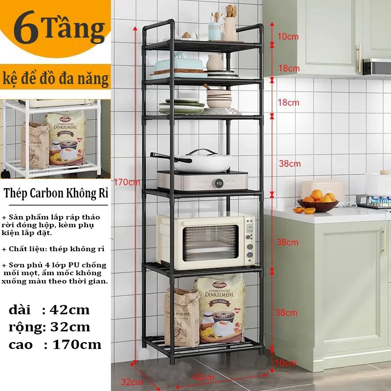 Kệ để đồ 6 tầng KHÔNG BÁNH XE, chất liệu thép carbon không rỉ chịu lực tốt sử dụng tại nhà bếp, phòng tắm, phòng khách, ban công... Kitchen
