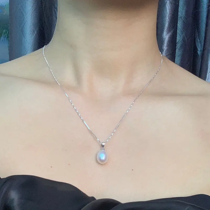 Dây chuyền và kiềng mền ngọc trai chế tác bạc 925 xi phủ bạch kim phối mặt ngọc trai giọt 9-10ly 7