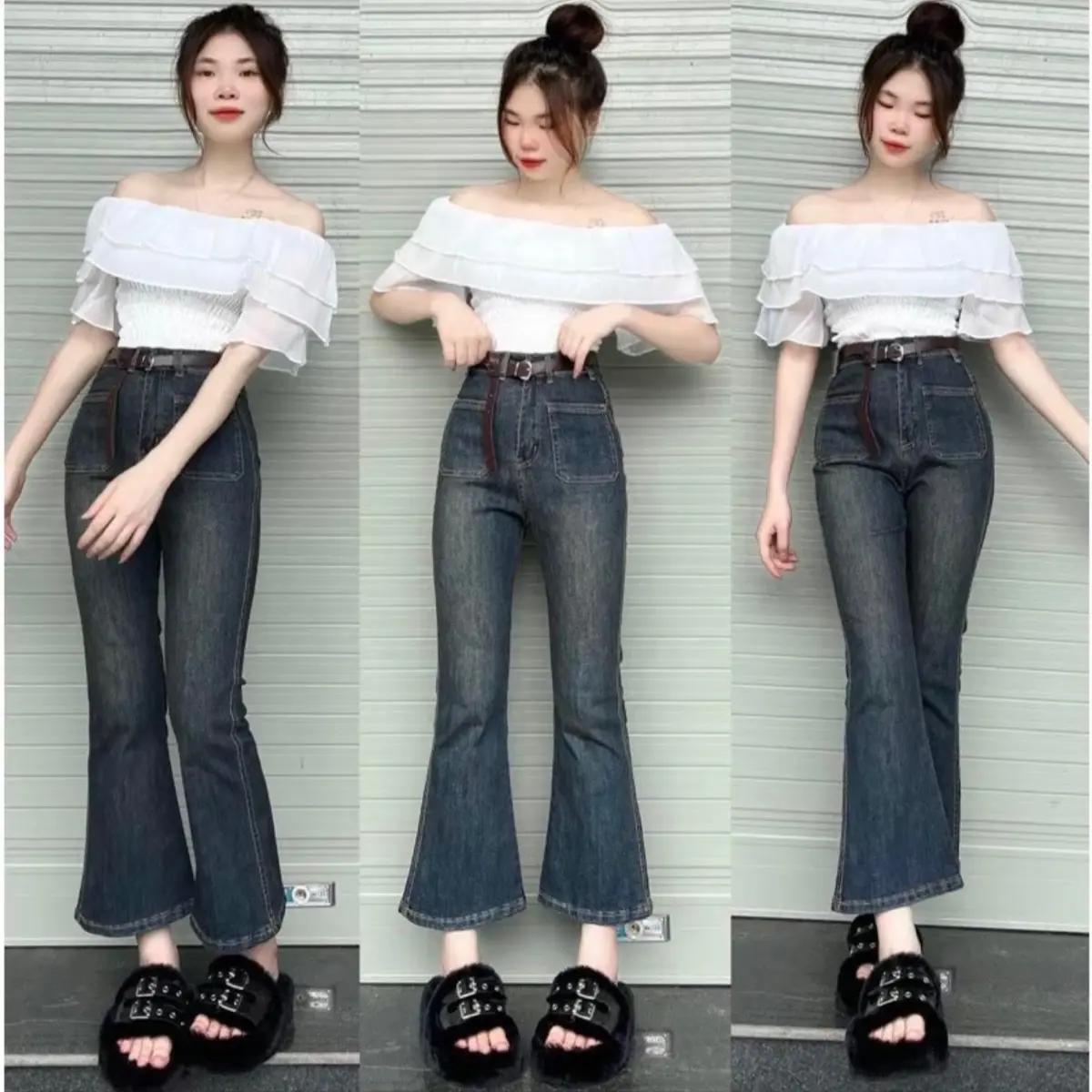 Quần jeans loe 2 túi trước mài đùi lưng cao co dãn tôn dáng cực đỉnh