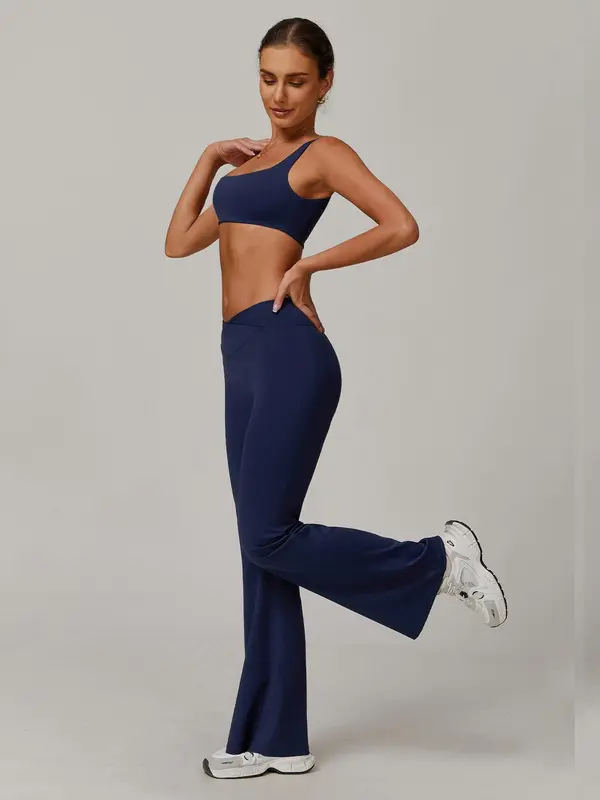 Women's Solid Backless  Crop Sports Bra & Flare Leg Pants Sports Set, Casual Comfy Breathable Two-piece Outfits for Yoga Gym Workout Running, Ladies Sportswear for All Seasons, Activewear, Athletic Tracksuit 7