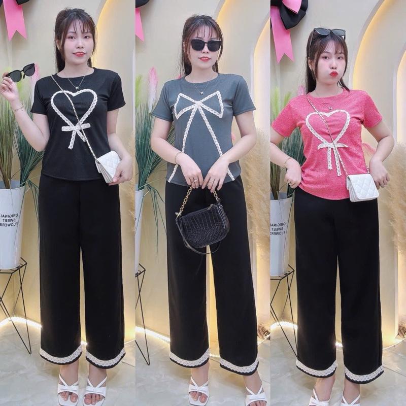 BigSiZe 50kg-95kg- Sét bộ Áo baby tee hình trái tim thun tăm Quần ống Rộng thun poly phối ren co giãn