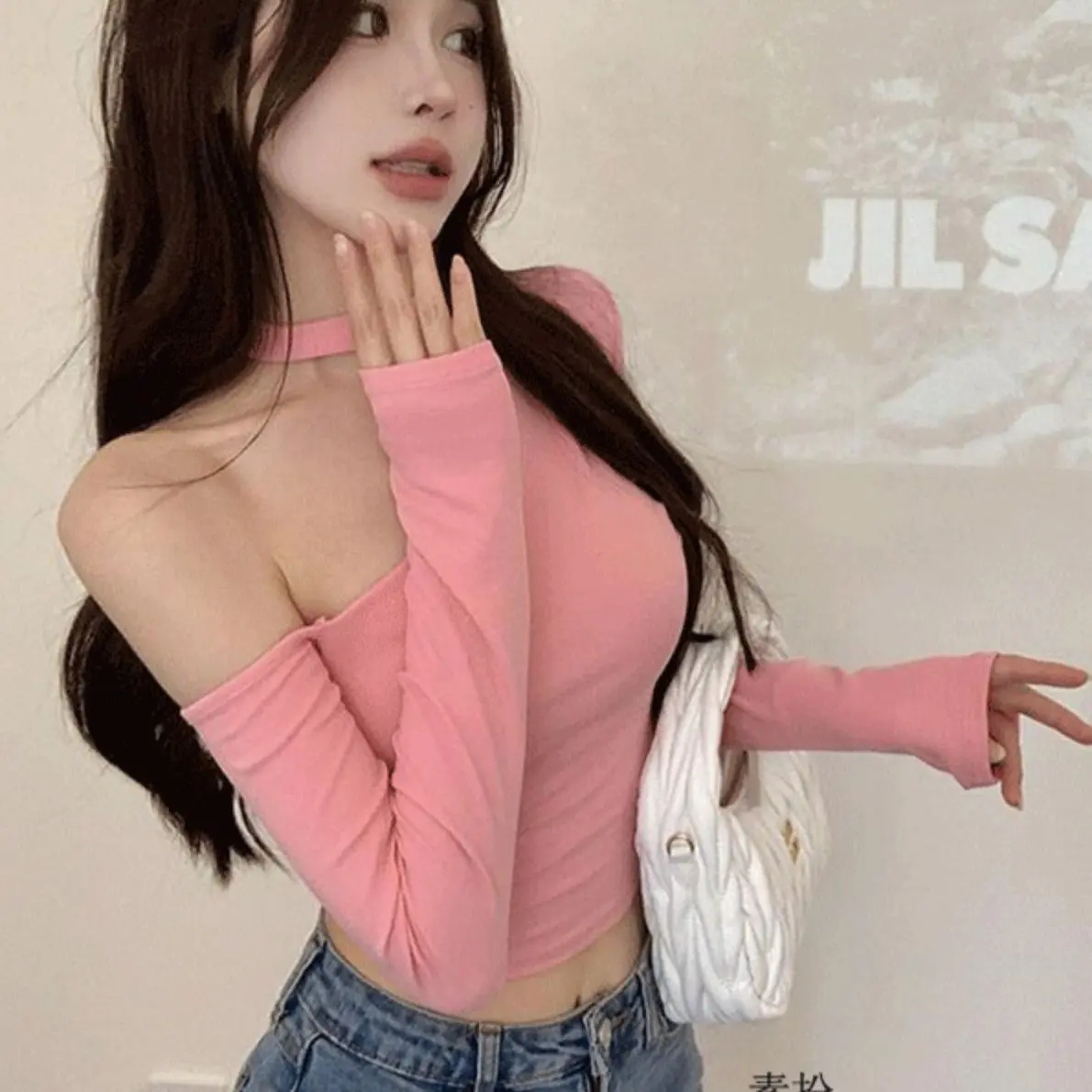 Irregular Halterneck Long-Sleeved T-shirt Womens Autumn Pure Desire Sexy Diagonal Collar Cold-Shoulder Bodycon Short Crop Top Bottoming Top