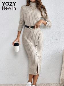 YOZY Women's Plain Ribbed Dress without Belt, Casual Slim-fitting Long Sleeve Dress for Spring, Women's Clothing for Daily Wear