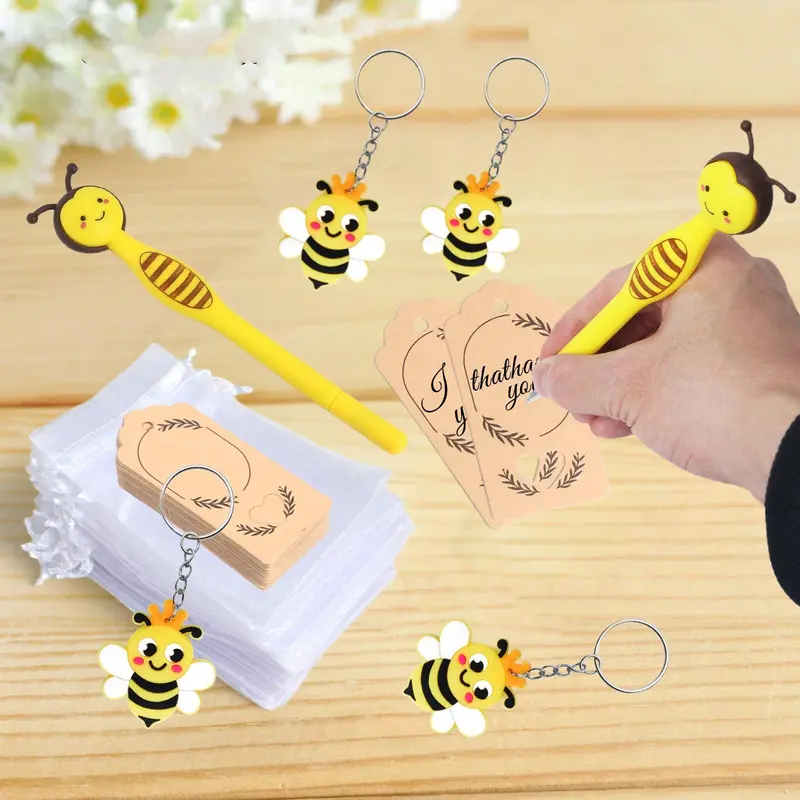 Bee Design Pen Set, 1 Set Including 12pcs Pen & 12pcs Gift Bag & 12pcs Card & 12pcs Pendant, Party Favors for Birthday Graduation 3