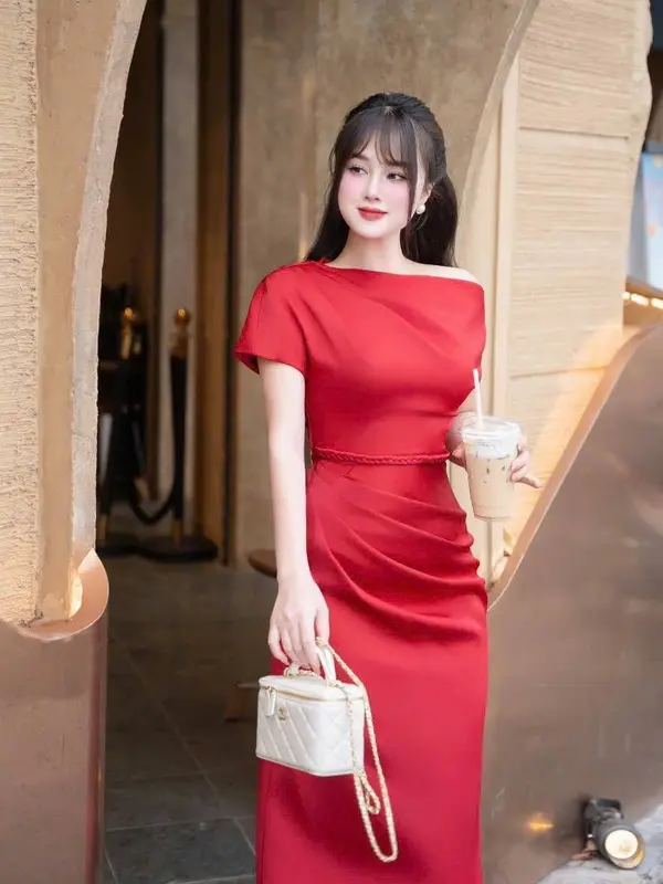 Váy dự tiệc MÀu Đỏ CAm Trẻ Trung vai trễ điểm nhấn dây sam eo - Chất liệu lụa Hàn mềm mịn - 4 Màu Nhiều Lựa Chọn - Size M-3XL 2