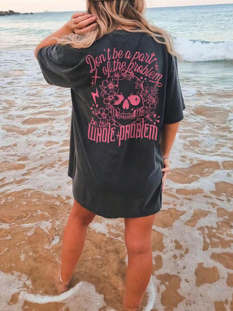 Product Introduction of Women's "Don't Be a Pair of the Problem, Be the Whole Problem" Slogan Print Round Neck Tee, Women's Skull & Floral Print Round Neck Top, Fashion Street Casual Graphic Short Sleeve T-Shirt for Daily Holiday Vacation Outdoor, Ladies All Seasons Clothes 4