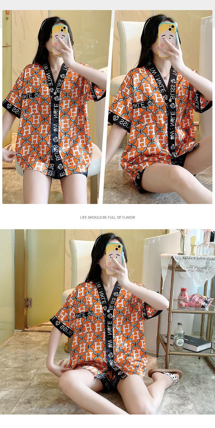 Product Introduction of Women's Pajamas 2022 New Summer Thin Ice Silk Cardigan Camellia Set Short Sleeve Cartoon Princess Style Loungewear 12