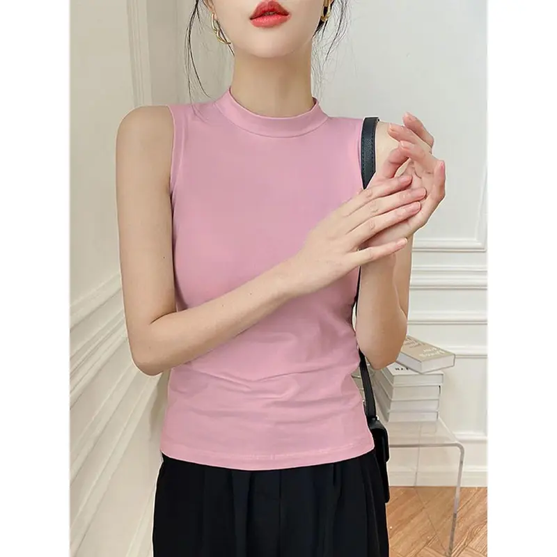 Áo Yếm Cổ Lọ Nửa, Dành Cho Nữ, Hàng Mới Về Mùa Thu 2024, Màu Trơn Áo Mặc Bên Ngoài, Ôm Vừa Vặn, Ngực Siêu Dáng Ôm, Có Thể Mặc Bên Trong, Áo Không Tay Top Women Cổ Tròn Tua Rua Umi Denim 4