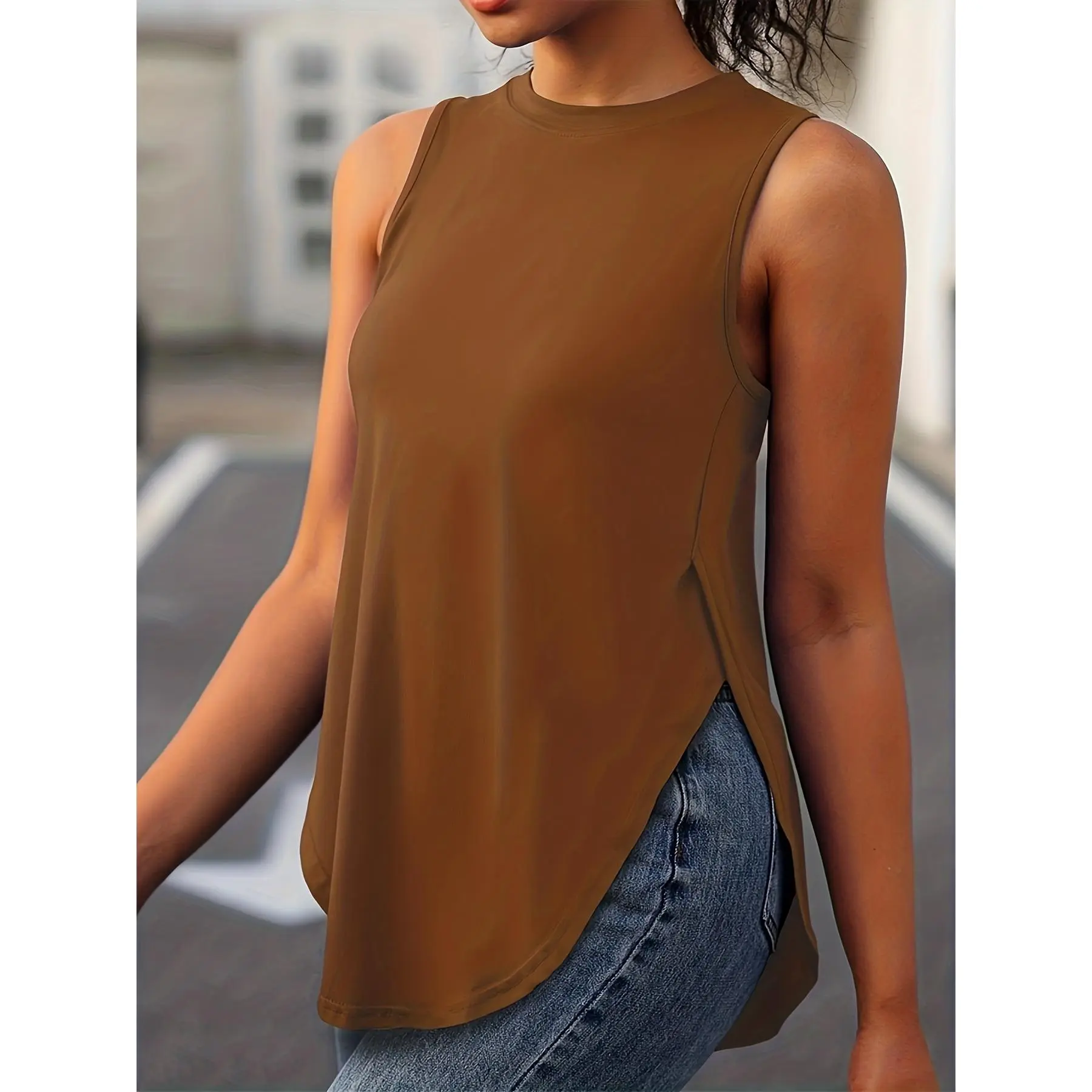 Solid Crew Neck Tank Top, Casual Sleeveless Split Top, Women's Clothing