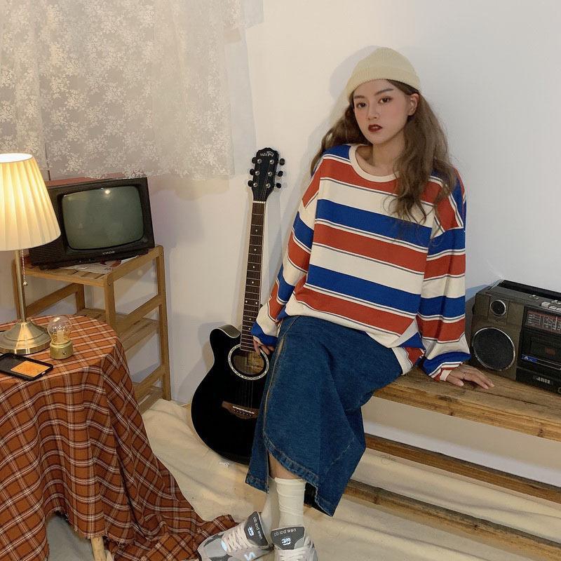 Áo Thun Nữ Hợp Xu hướng Áo Dài Tay Sọc, Phong Cách Thường Ngày Dáng Rộng Vừa Vặn, Áo Hoodie Dài Tay, Thích Hợp Cho Học Sinh, Áo Sơ Mi Cơ Sở, Áo Thun Dài Tay, 2025 1