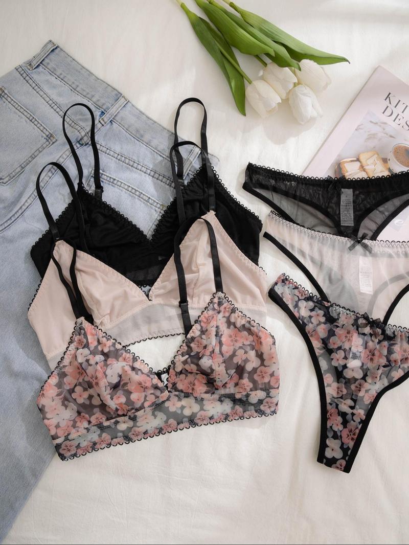 Product Introduction of Women's 6pcs Floral Print Bra & Contrast Mesh Thong Set, Adjustable Strap Bow Decor Lingerie Set, Soft Comfy Underwear Set for Women 4