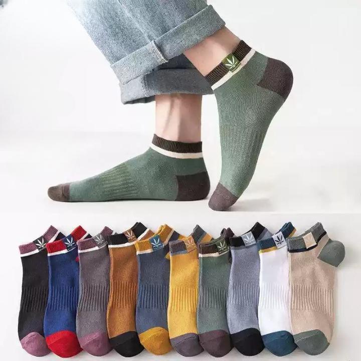Set 10 đôi tất cổ ngắn unisex thấm hút mồ hôi. vớ co giãn bốn chiều chất liệu cotton hoạ tiết lá phong Thun 8