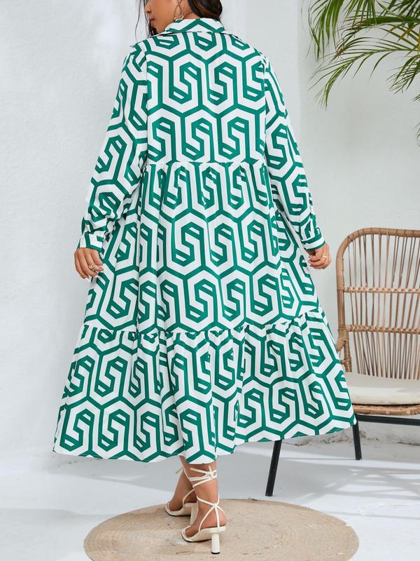 Plus Geometric Print Long Sleeve Button Front Midi Dress, Casual All Over Print Collared Button Loose Dress For Spring & Fall, Fashion Women's Dress For Daily Wear 3