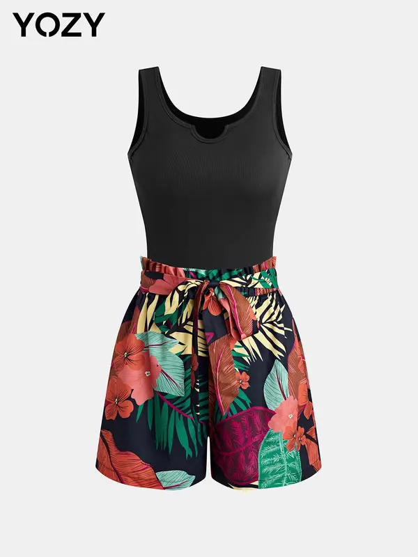 YOZY Boho Ribbed Tank Top & Plants Print Belted Shorts Set, Notched Neck Sleeveless Top & Paper Bag Waist Shorts, 2024 Women's Summer Outfits for Beach, Vacation, Daily Wear 0