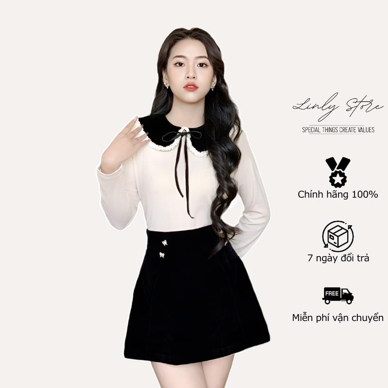 Set áo len tăm nữ dáng suông cổ phối viền ren, chân váy nhung Linly Store