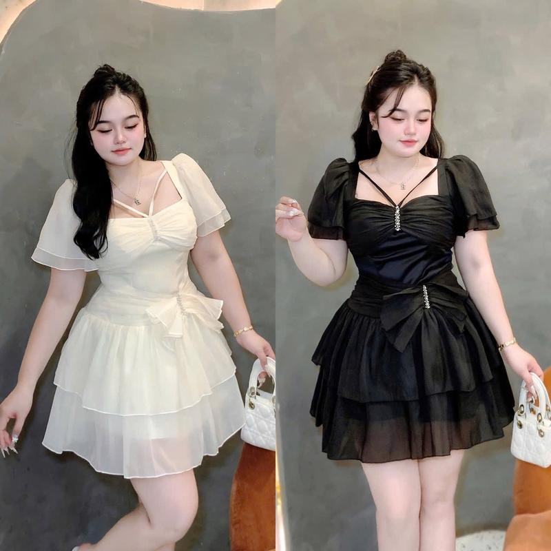 Đầm tiệc phối voan bigsize 60 đến 90 ký 2 màu đen trắng chất taptar phối voan