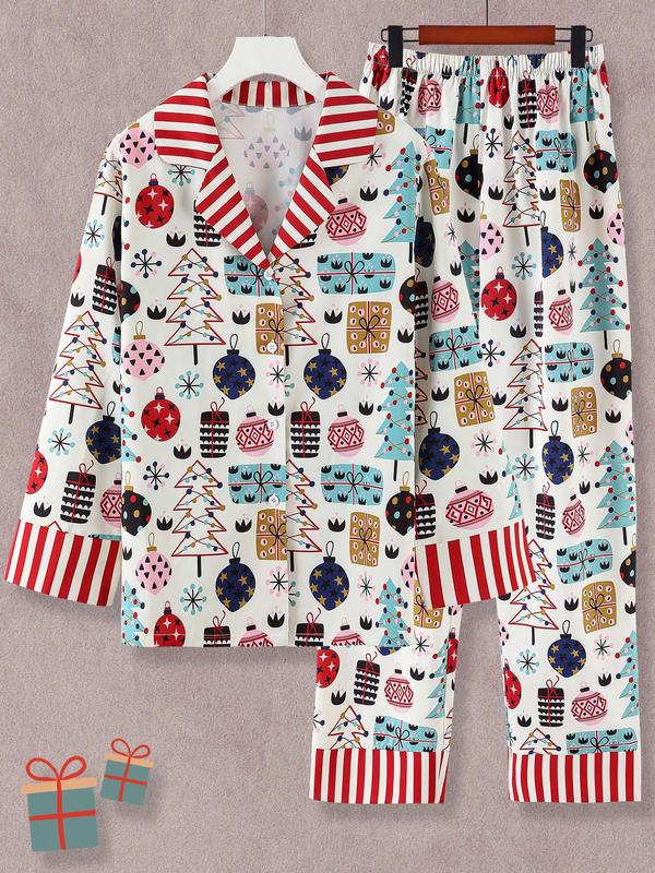 Women's All Over Cartoon Print Loungewear Set, Fashion Lapel Collar Button Front Blouse & Elastic Waist PJ Pants, Women's Sleepwear for Fall, Valentine's Day Gift for Girl 2