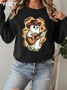 YOZY Women's Halloween Ghost Playing Guitar Print Drop Shoulder Sweatshirt, Cute Casual Long Sleeve Round Neck Pullover for Daily Wear, Ladies Fall & Winter Clothes