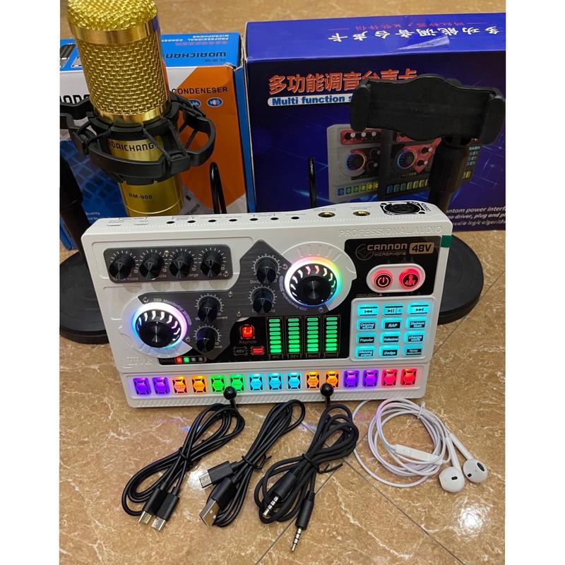 Bộ Mic Hát thu âm live stream soucad X5 tích hợp nguồn 48V và mic Bm900 kèm tai nghe giá đỡ mic điện thoại để bàn