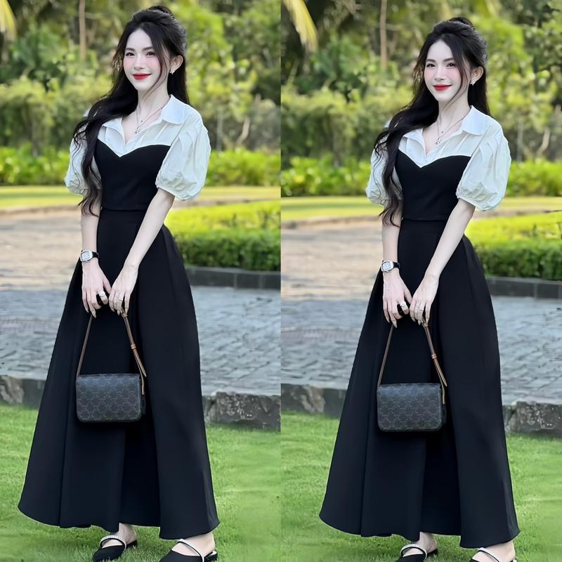  Set váy nữ tuyết mưa áo cổ sơ mi tay phồng kèm chân váy dài dáng xòe xinh xắn dành cho các nàng diện đi chơi đi tiệc. Women top  Voi 