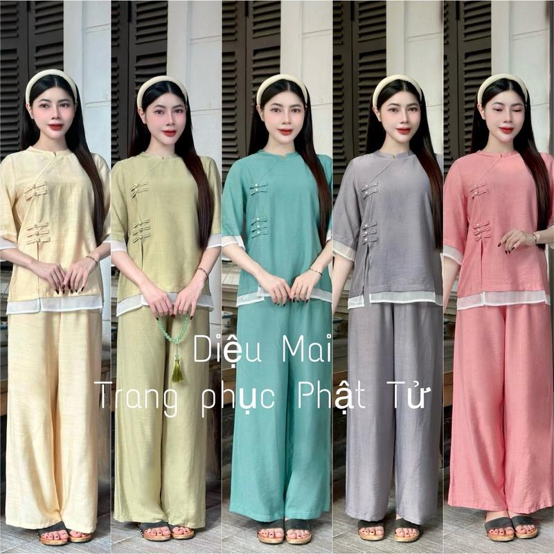 [ Diệu Mai ] Bộ đồ lam trang nghiêm Đũi Lụa 5 màu đi lễ chùa  Women Nữ Voi Jacket 0