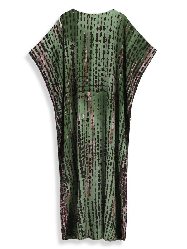 Plus Size Geometric Striped Print Batwing Sleeve Split Hem Tunic Dress, Casual V Neck Half Sleeve Cover Up Dress for Summer, Women's Clothes for Beach Holiday Vacation 6