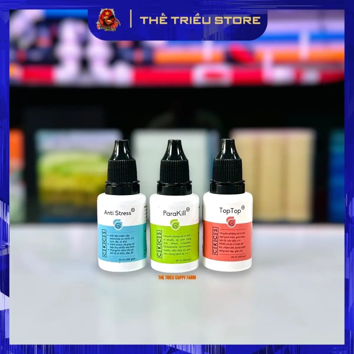 Anti Stress - ParaKill - Toptop “Chai 20ml”. Bộ 3 sản phẩm dưỡng cá cảnh, xử lí nước bể cá cảnh ( Nấm, Túm, Lắc, Lừ đừ, Sổ giun sán, Tóp bụng… )