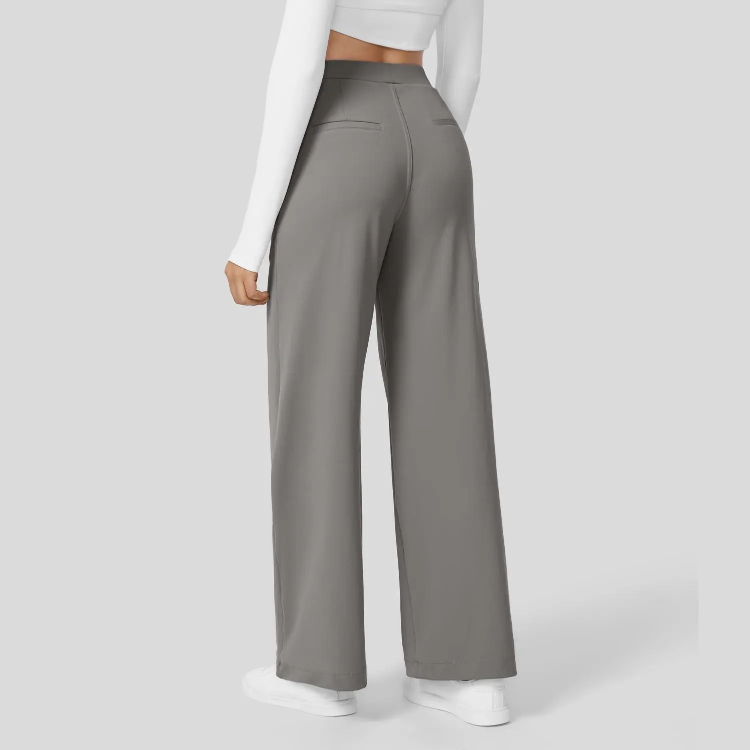 High Waisted Plicated Side Pocket Straight Leg Work Pants Womenswear Bottom Comfort Trouser Basic Minimalist Silent Storm