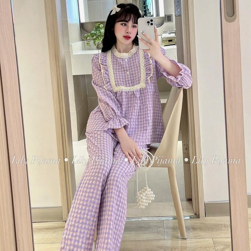 Có BIGSIZE Bộ Ngủ Pijama Mặc Nhà Dài Tay Kẻ Caro Chất Đũi Mỏng Nhẹ Dễ Thương HIPEE Quần ống Suông Tay Áo Bo Chun Tiểu Thư 40-60kg Nữ Women TT