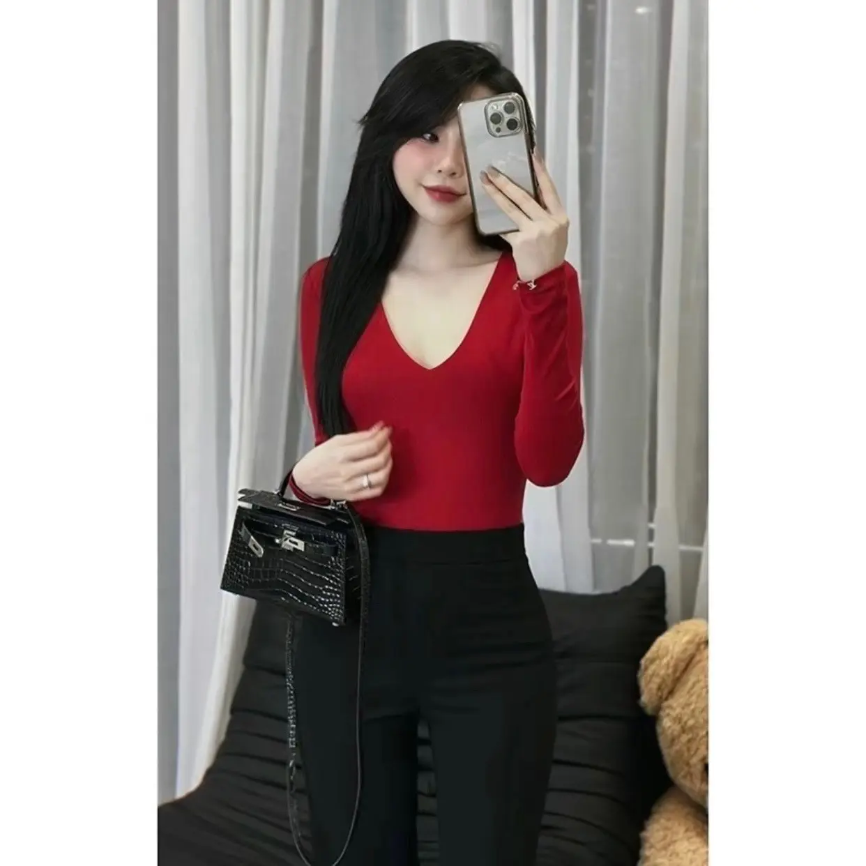 Áo thun nữ xinh cổ tim hai lớp tay dài thun coton lụa mỏng mịn mát co giãn bốn chiều - Women, Top - Voi, có phụ kiện nơ bướm