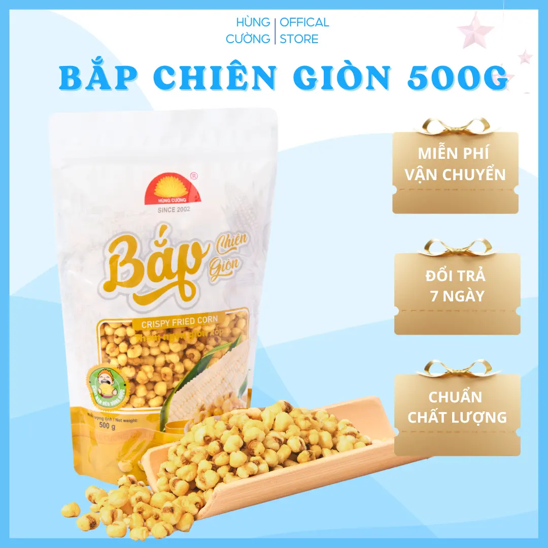 Bắp chiên 500gr, bắp chiên Hùng Cường, ăn vặt ngon Giòn, snack food, ăn vặt snack