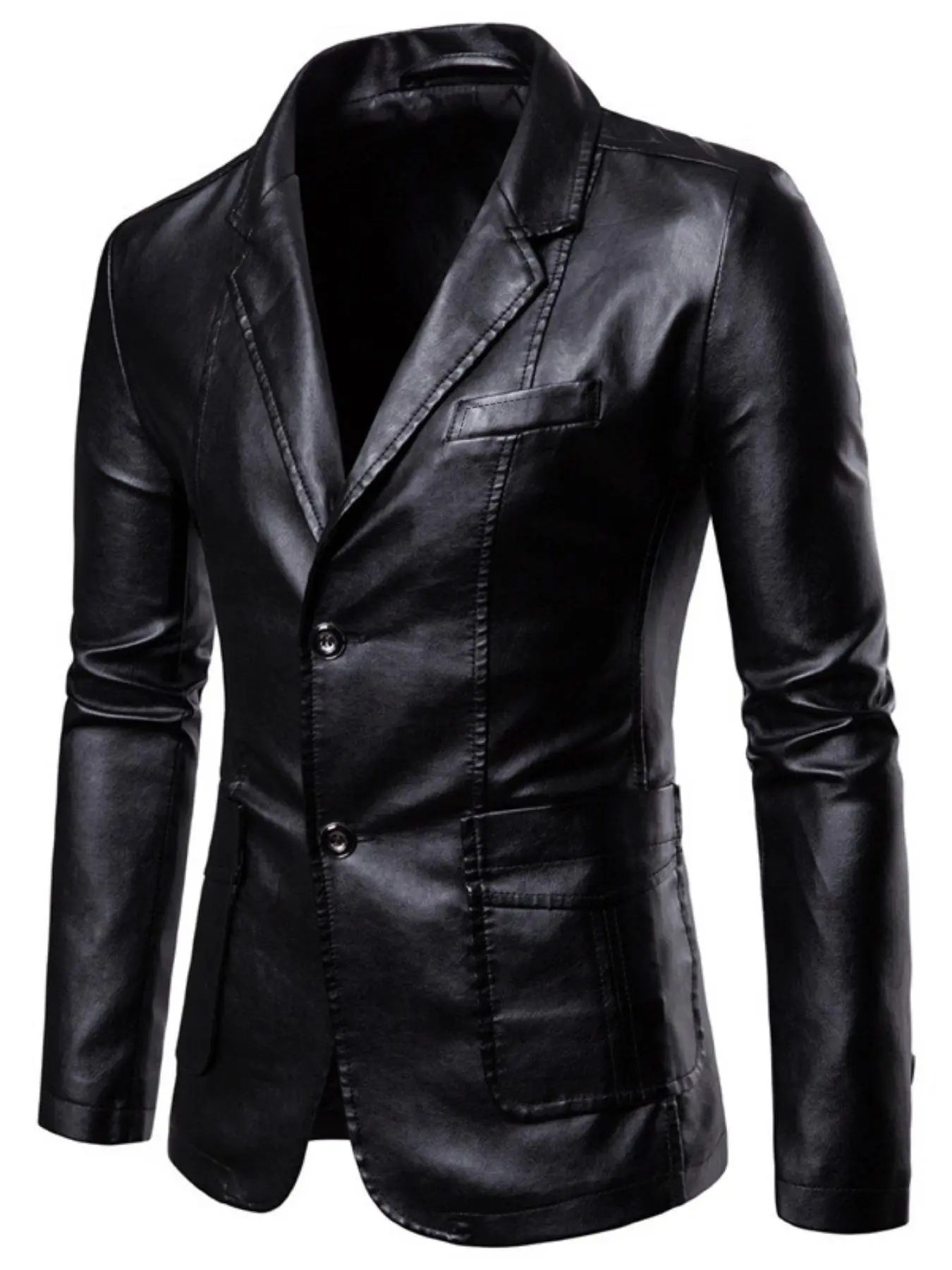 Men's Solid Color PU Leather Jacket, Slim Business Formal Blazer for Work Office, Fashion Men's Clothing for Spring & Fall, Coat