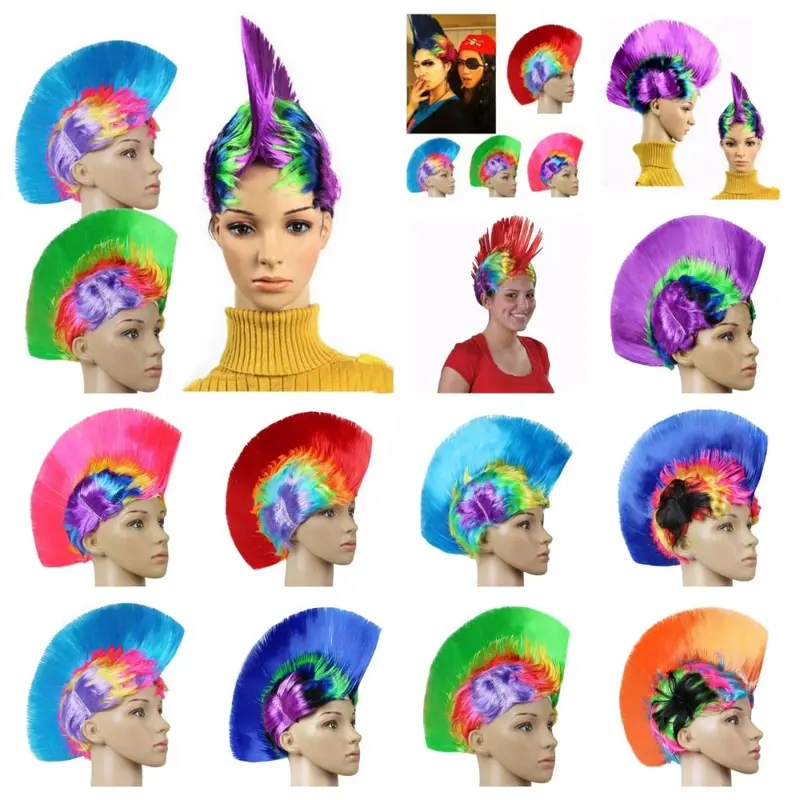 Tóc Giả Mohawk Vô Hình Tự Nhiên, Unisex, Thiết Kế Hình Sừng Gà Vui Nhộn Màu, Phong Cách Disco Và Lấp Lánh, Tóc Giả Punk Cầu Vồng, Thích Hợp Cho Bữa Tiệc Halloween 0