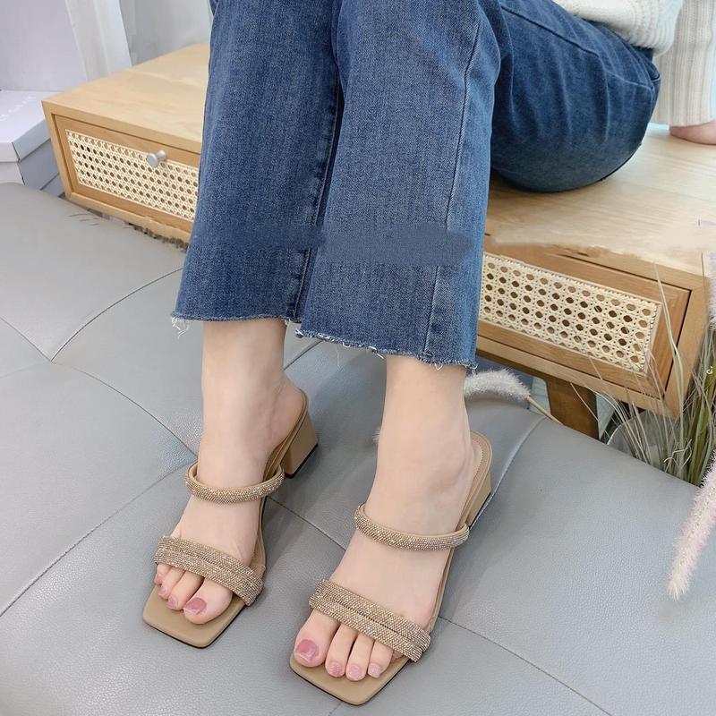 Dép Cao Gót Đế Vuông 6 phân Dây Bling lấp lánh đơn giản, tinh tế - Giày Bánh Bèo mã Dép 3 Dây Nữ Nhung giay 7cm giay  got DéP Shoes Jean