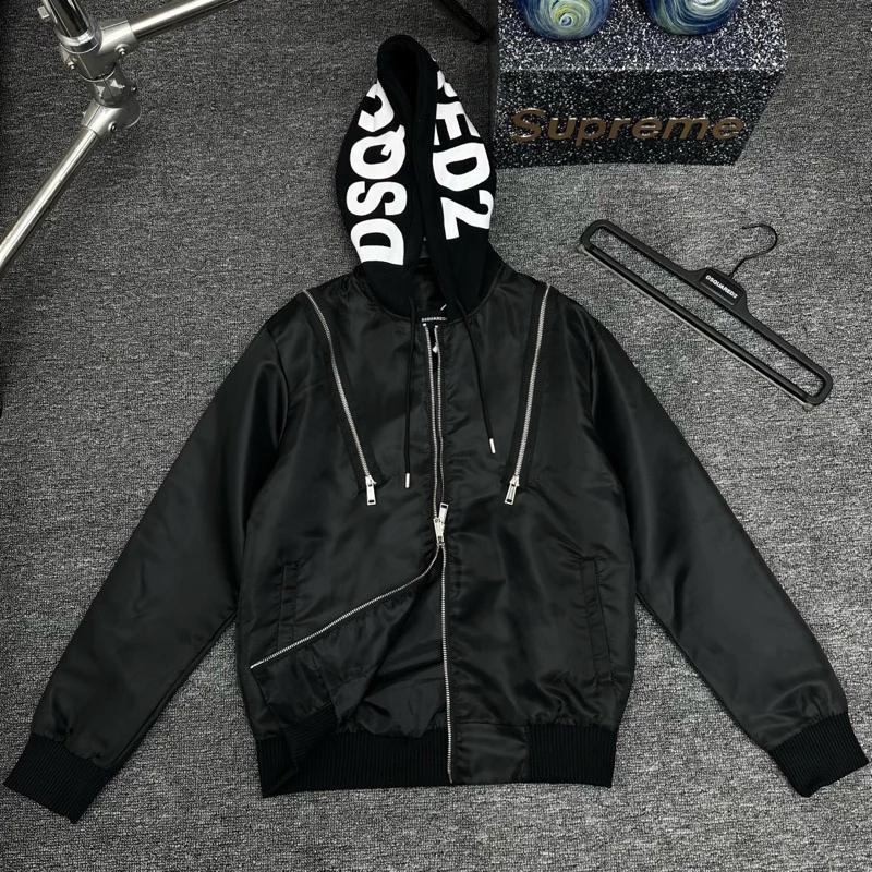 Áo khoác mũ nam nữ Dsq vải gió dù khoá zip hai vai phối mũ nỉ bông in chữ viền trần bông