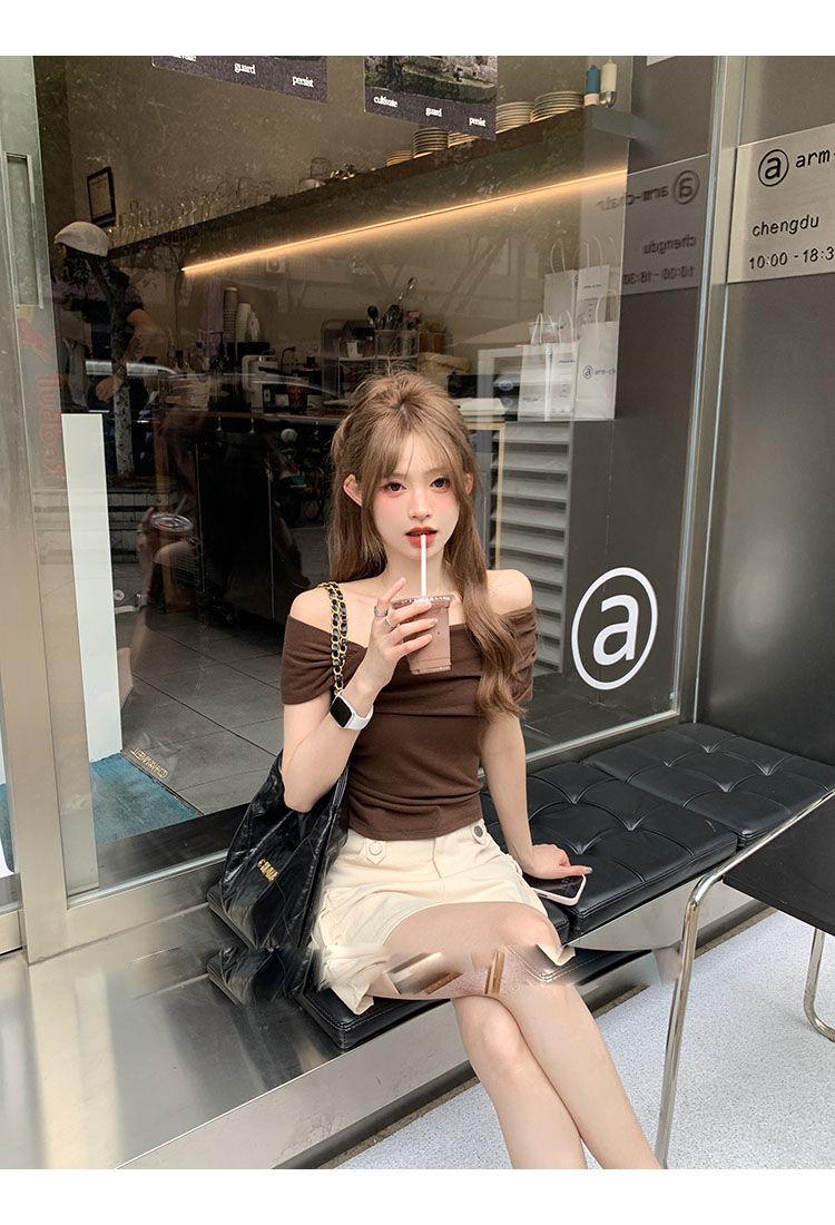 Product Introduction of Design Sense Niche Top Women's New Summer off-Shoulder Pure Color Trendy Short Sleeve T-shirt 2024 Womenswear Blouse 20