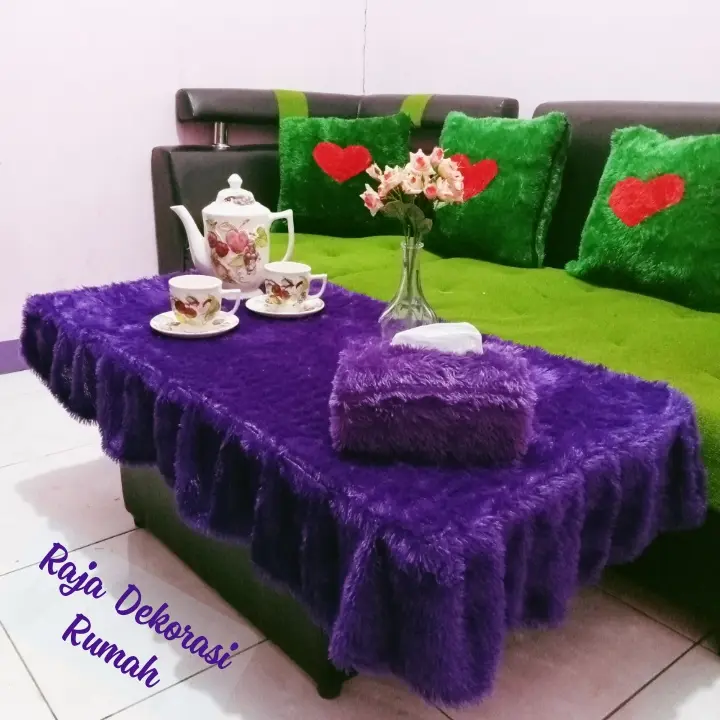 PROMO 1 set taplak meja rumbai ruang tamu mewah+sarung tisu / Taplak meja rumbai bulu ukuran 50x100+sarung tisu