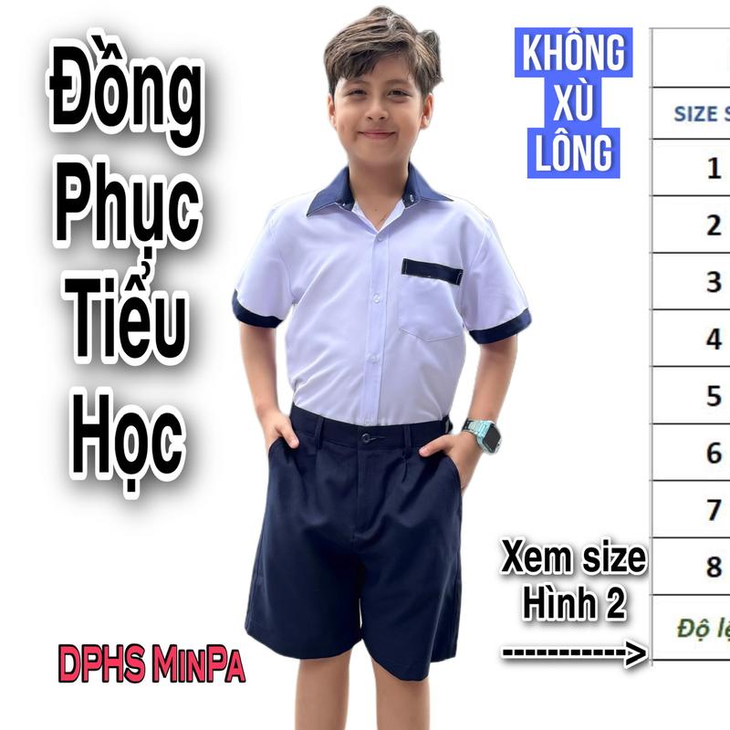 Đồng Phục Nam Tiểu Học Áo Kate Thun Trắng Phối Xanh Đen Quần Short Terin Gân Thun Sau Lưng Có Túi Khoá Kéo áo sơ mi nam cộc tay nam