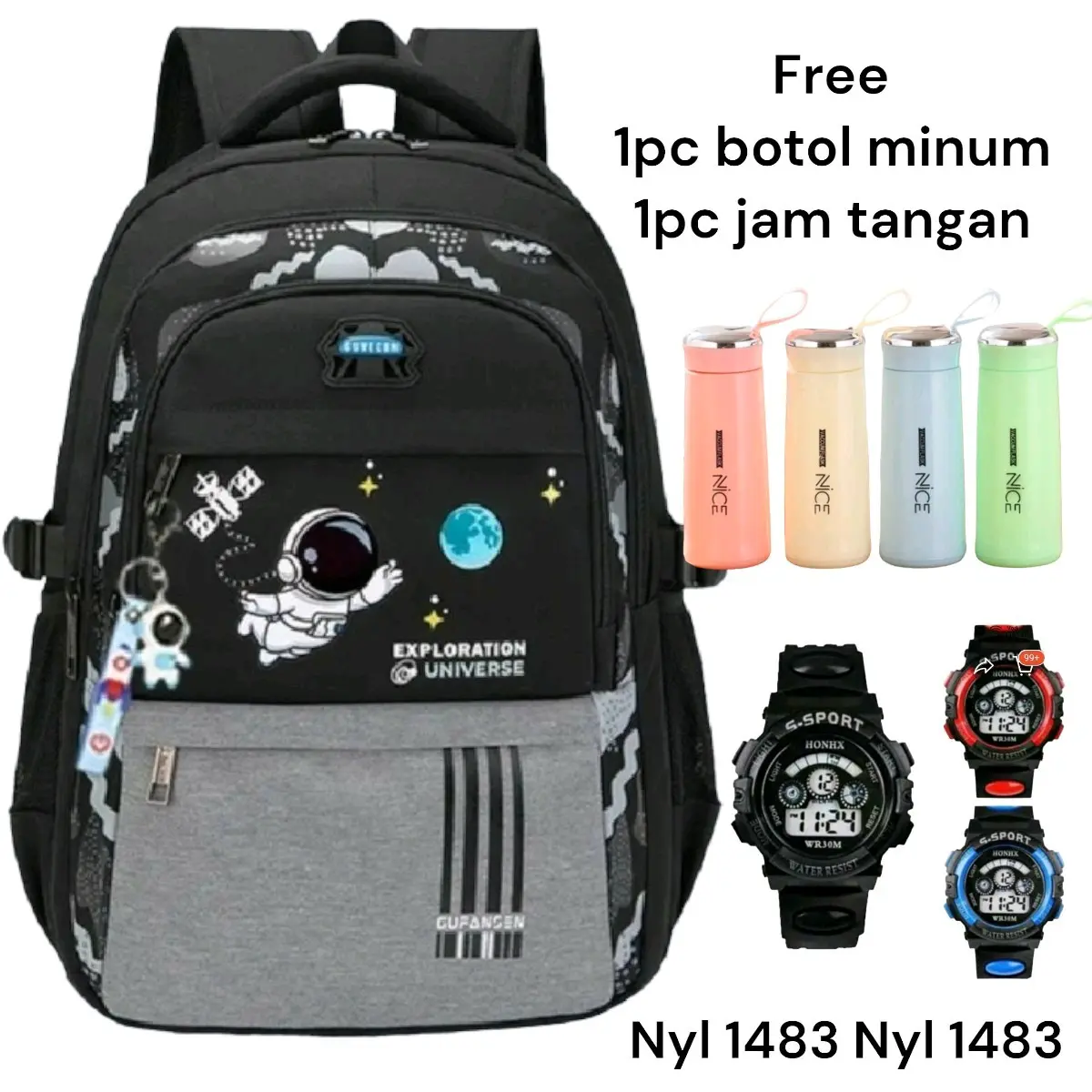 Tas ransel anak laki laki pereumpuan astronot , tas ransel anak viral paketan jam tangan botol Karakter Kartun Fashion