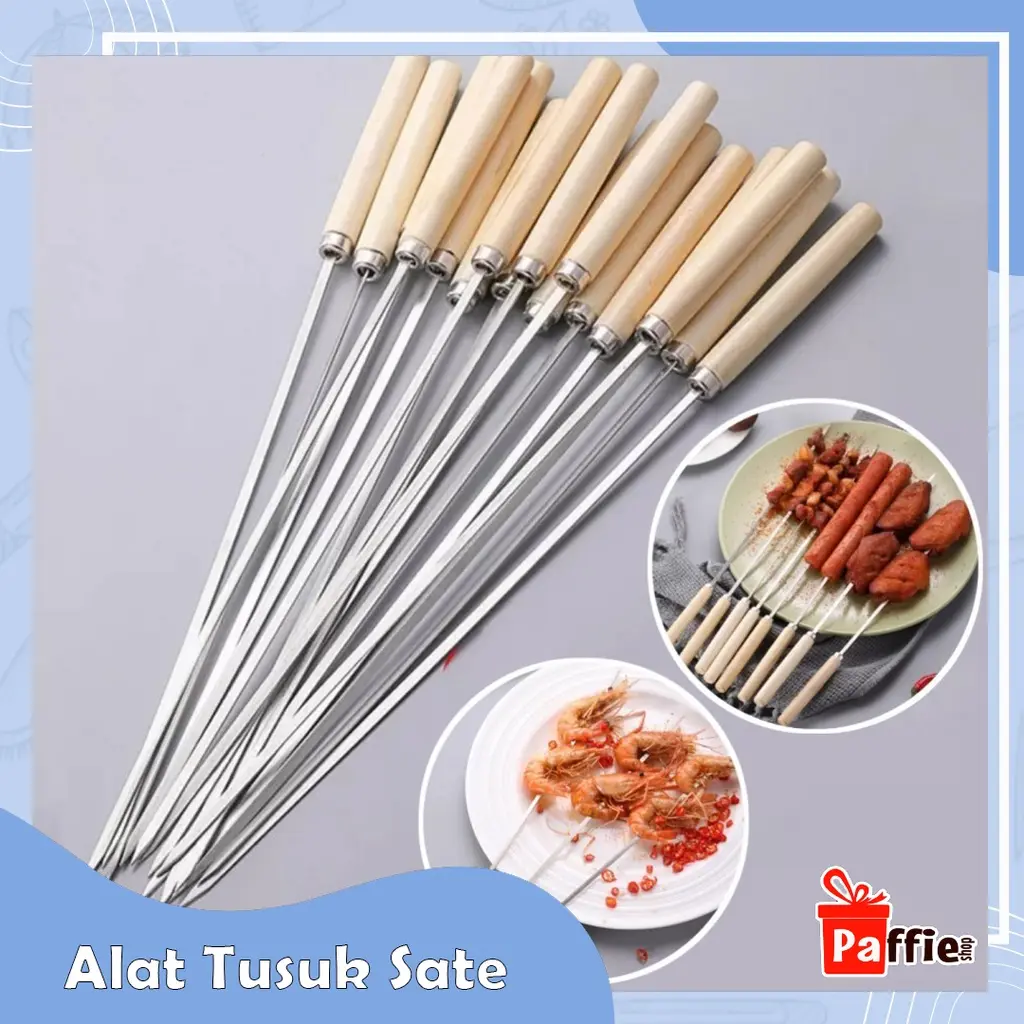 Alat Tusuk Sate BBQ Stainless Steel Gagang Kayu Skewer Besi Barbeque A kitchenware