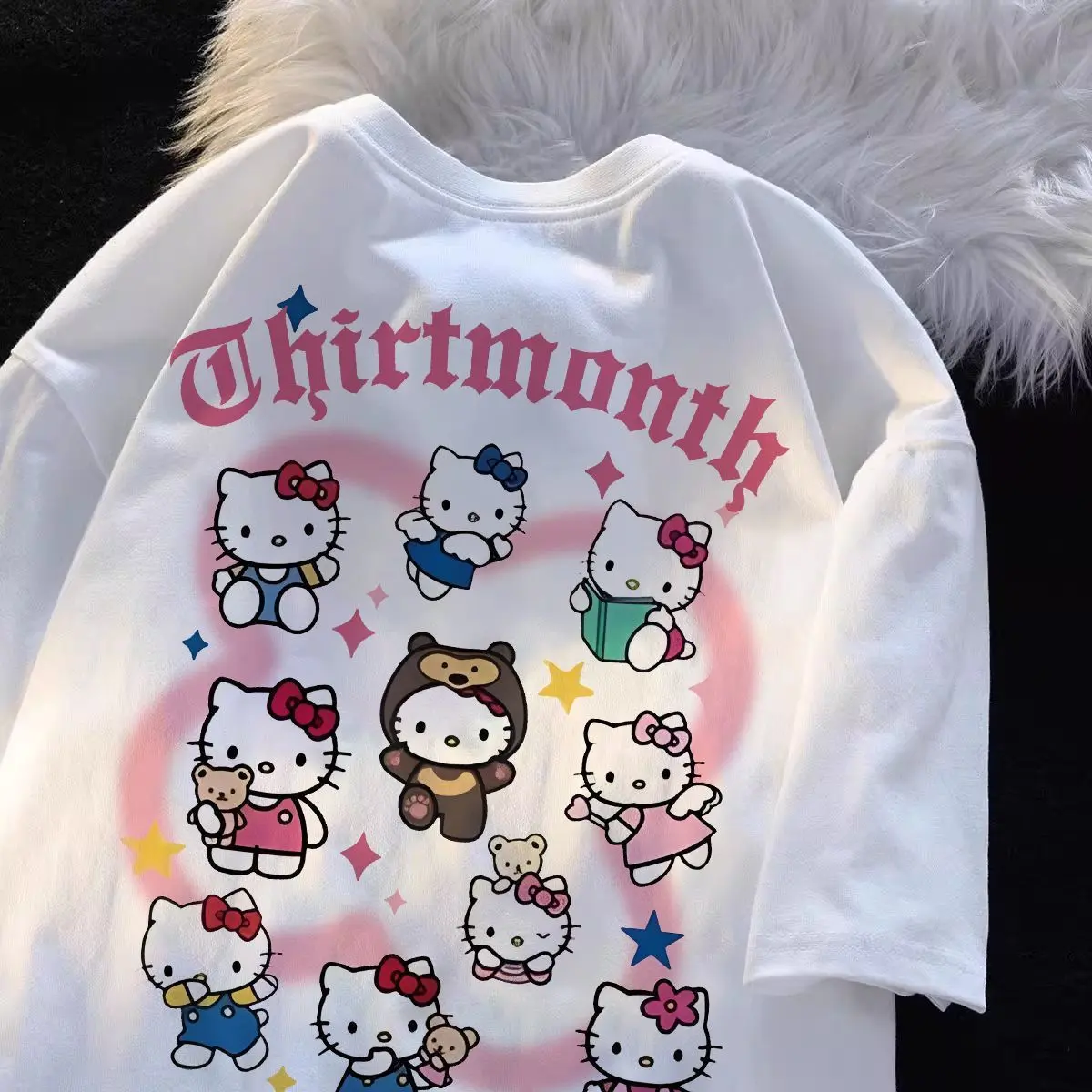 Quần Áo Trẻ Em Bé Gái, Áo Thun Ngắn Tay, In Hello Kitty Dễ Thương, Cổ Tròn, 100% Cotton, Hàng Mới Về Mùa Hè 2024, Cho Trẻ Em
