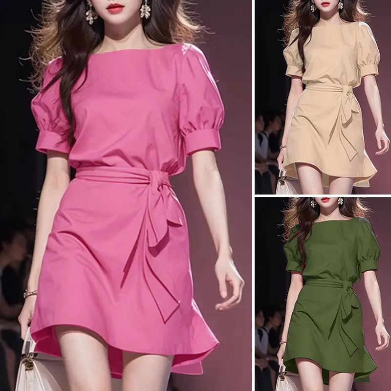 Váy Chữ A, VONDA, Phong Cách Ladylike Nữ, Cổ Tròn, Buộc Dây, Tay Phồng, Màu Trơn Váy Mini, Thiết Kế Hoa Hàn Quốc 3