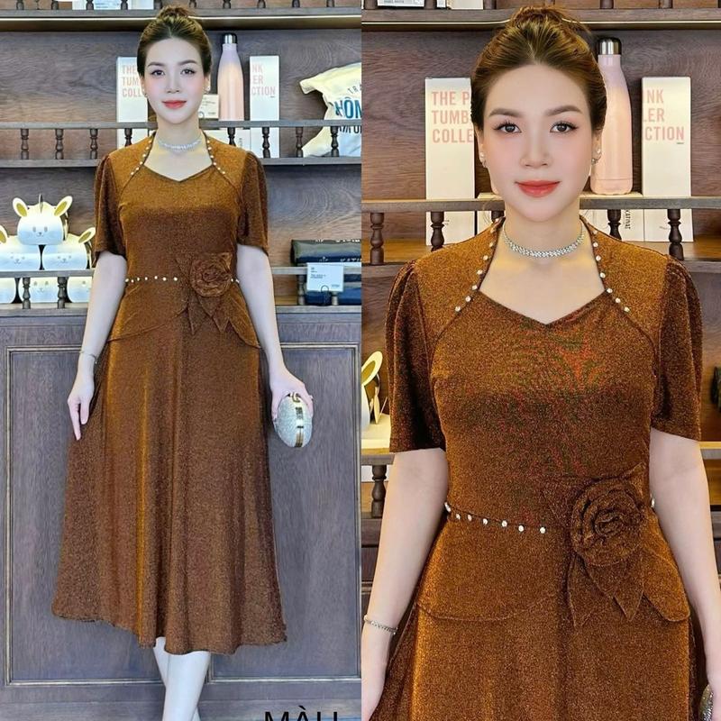 Đầm Đi Tiệc Mã VH732 Dáng Lững Cổ Nữ Hoàng Chất Nhũ Đính Ngọc Thủ Công Co Giãn có size từ 48kg đến 75kg cho Nữ - Women Dress Thun váy mặc xoè chân 5