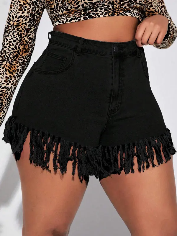 【plus Size】 Fringe Trim Denim Shorts, Casual Fitted Zipper Fly Shorts for Daily Wear, Women's Bottoms for All Seasons, Womenswear, Denim Shorts, Casual Fashion Shorts, Casual Comfy Shorts 3