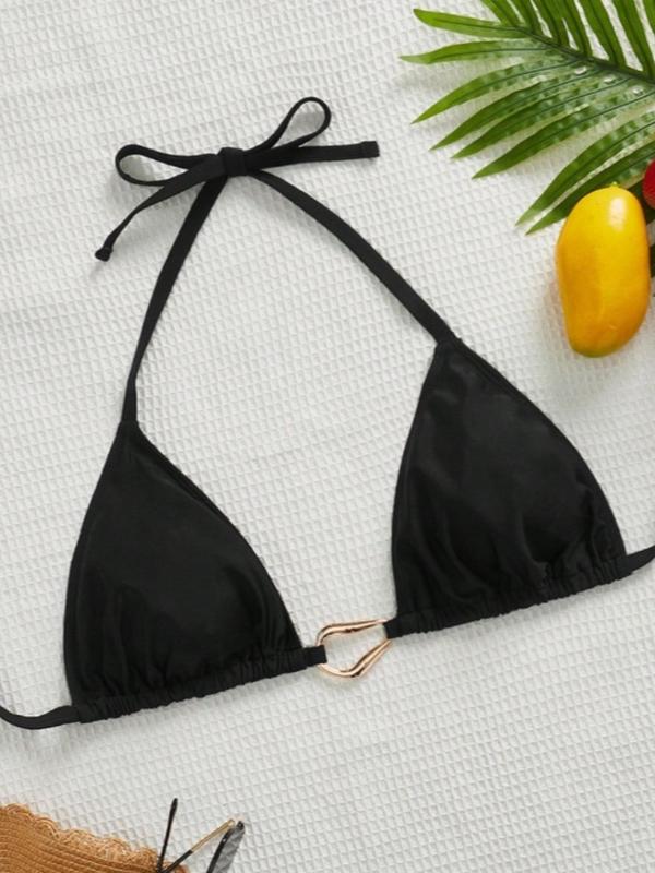 【Plus Size】 Solid Color Metal Decor Halter Bikini Top, Casual Tie Back Swim Top for Beach Holiday Vacation, Women's Swimwear for All Seasons 0