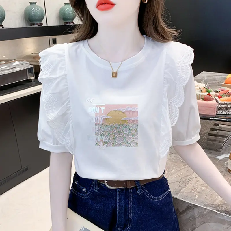 เสื้อยืดผู้หญิง แฟชั่น ดีไซน์เก๋ๆ Niche คอกลม แขนสั้น พิมพ์ลาย มาใหม่ ฤดูร้อน 2023 เทรนด์