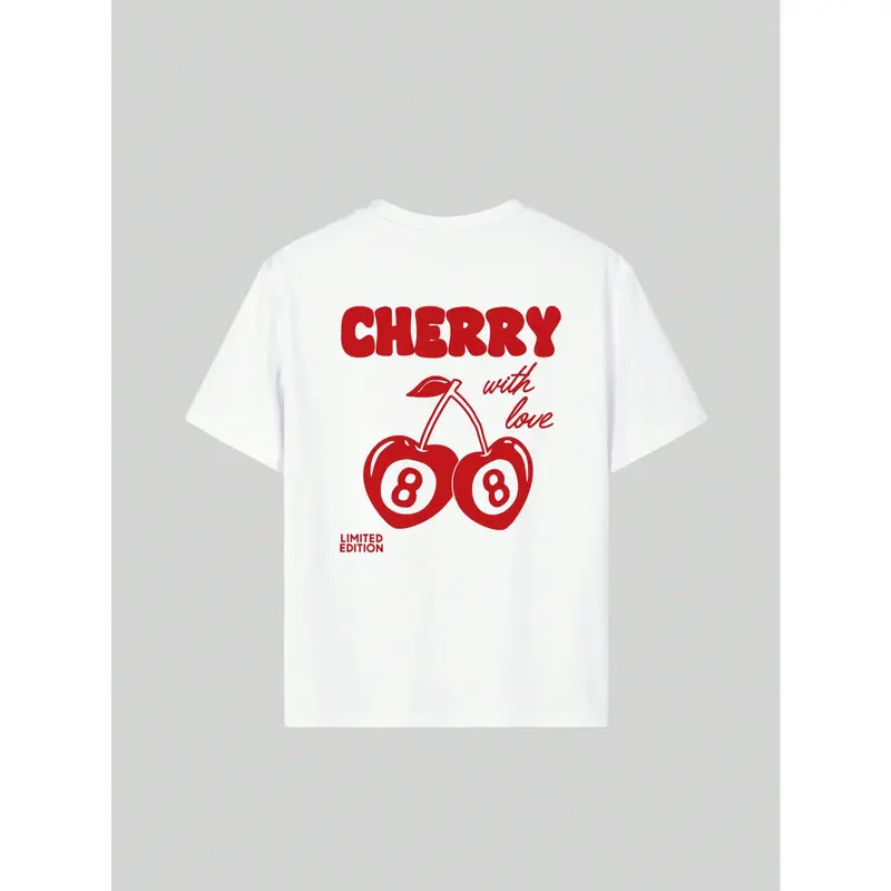 1pc Tween Girl Casual Printed Round Neck Short Sleeve T-Shirt, Summer Student Apparel - Delicious Cherry Design For Cherry Fruit Enthusiasts Looking To Stand Out Top Womenswear Fit Polyester Tshirt Comfort Streetwear Crewneck Spring Modest Shortsleeve 5